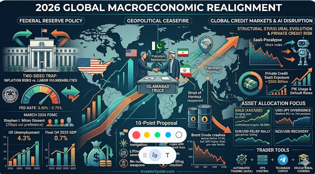 Infographic of 2026 Global Macroeconomic Realignment featuring Fed policy data, Islamabad ceasefire