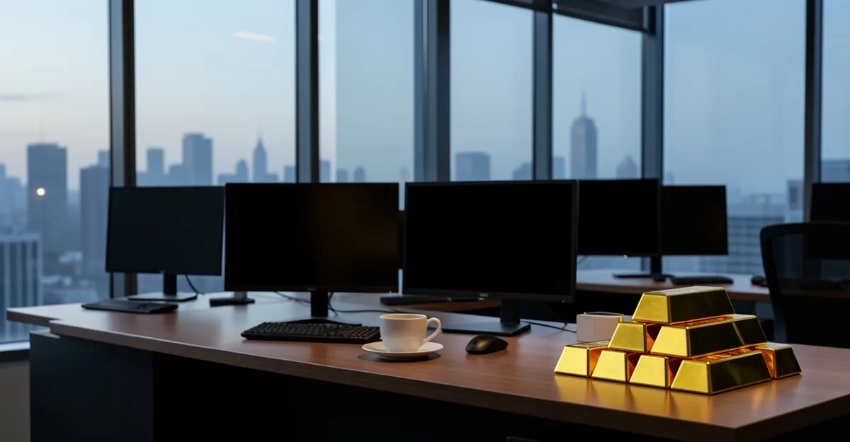 Quiet trading desk at dawn with dark monitors and a coffee cup