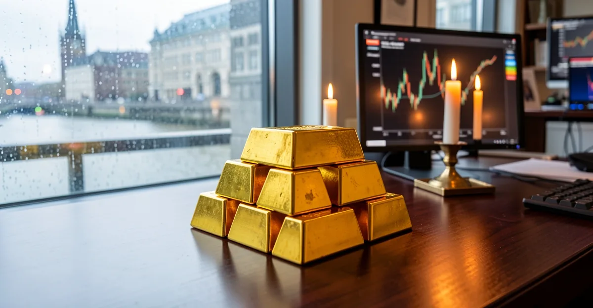 Gold bullion bars on a desk with trading screens in a London office