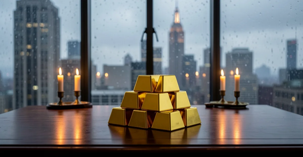 Gold bullion bars on a desk with a rainy New York skyline at dusk