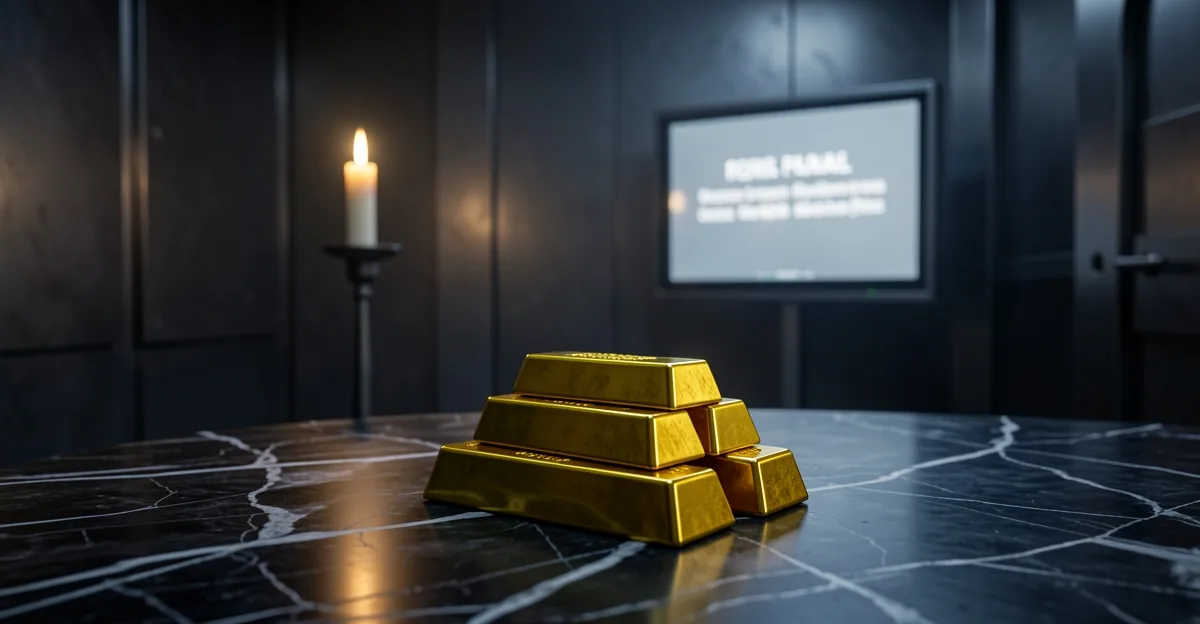 Gold bullion bars on a dark desk in a bank vault at dawn with a blurred trading screen behind