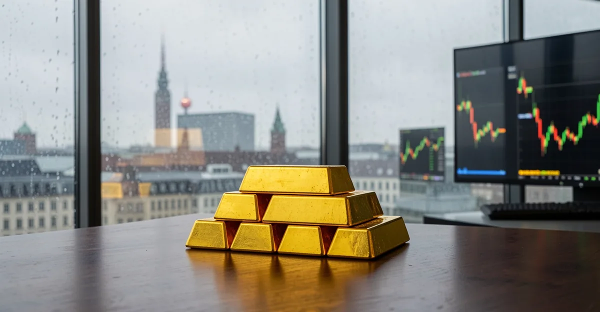 Gold bullion bars on a desk with blurred candlestick screens in a Frankfurt office