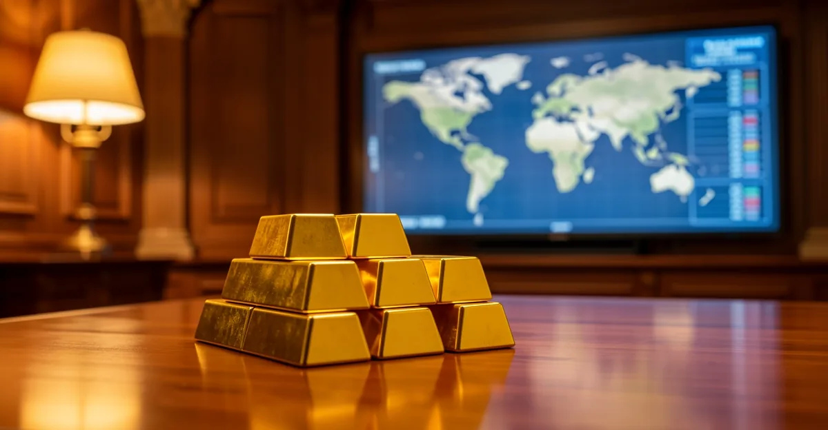 Gold bullion bars on a desk in a central bank vault with a world map in the background