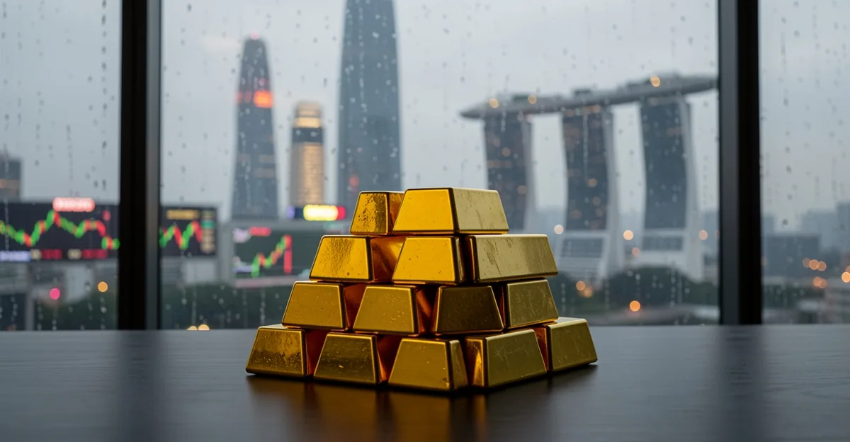 Gold bullion bars on a desk before a rainy Singapore skyline at dawn