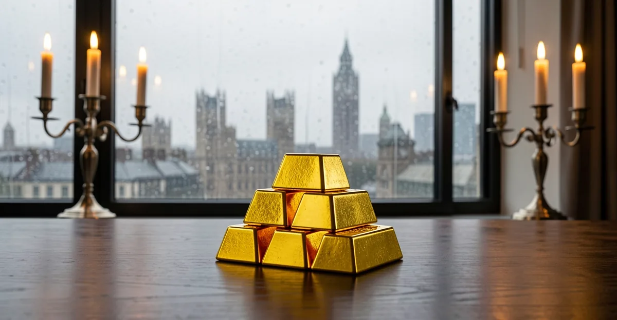 Gold bullion bars on a desk with a rainy London skyline and blurred trading screens behind