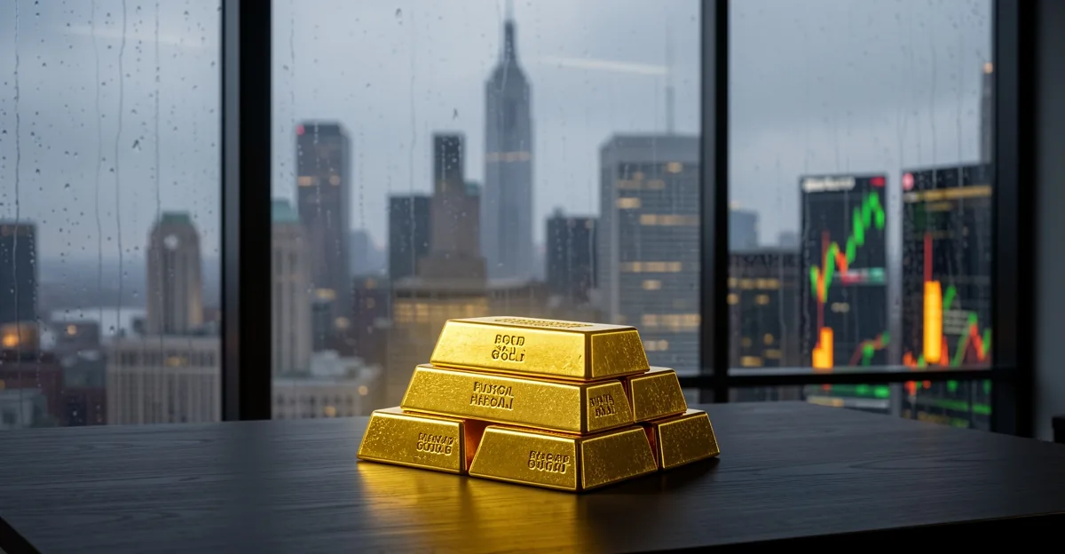 Gold bullion bars on a desk with a rainy New York skyline at dusk