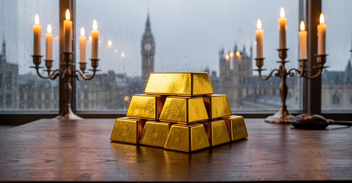 Gold bullion bars on a desk at dawn with blurred trading screens behind