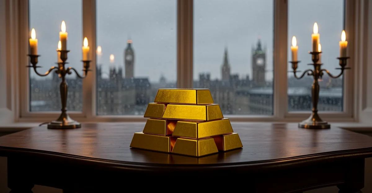 Gold bullion bars on a desk with a rainy London skyline at dawn