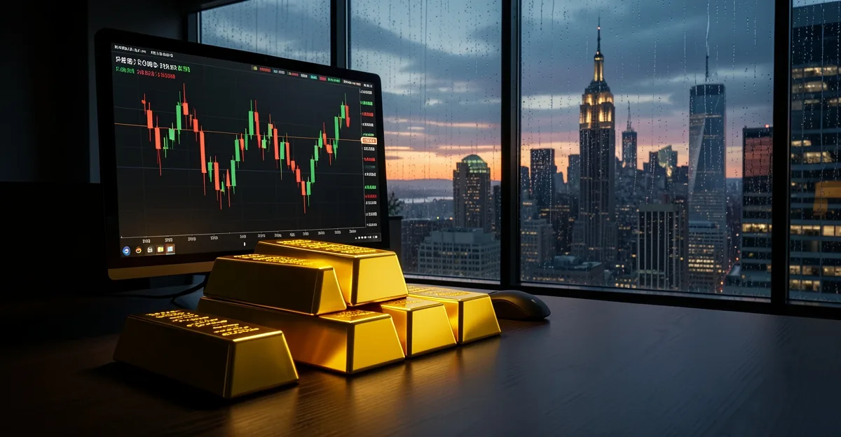 Gold bullion bars on a desk with a candlestick chart screen and New York skyline at dusk