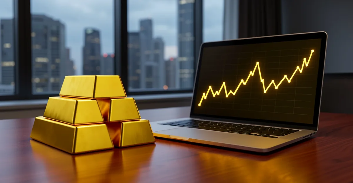 Gold bullion bars on a desk with a laptop showing a falling yields chart
