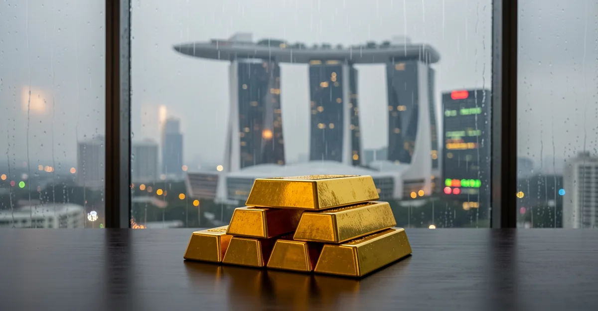Gold bullion bars on a desk with a rainy Singapore skyline at dawn