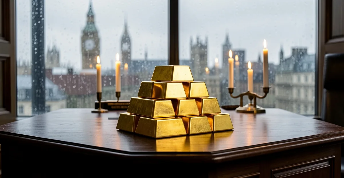 Gold bullion bars on a desk with a London skyline and blurred trading screens behind