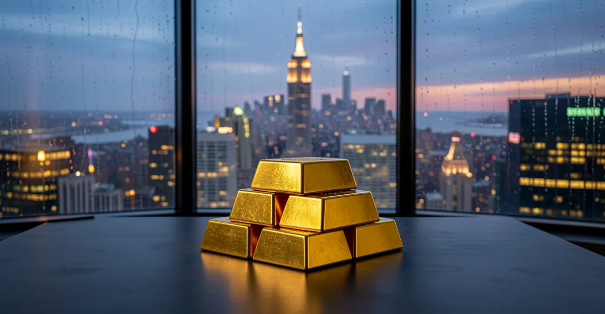 Gold bullion bars on a desk with a New York skyline at dusk and blurred trading screens