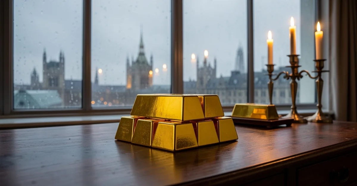Gold bullion bars on a desk with a blurred trading screen in the background