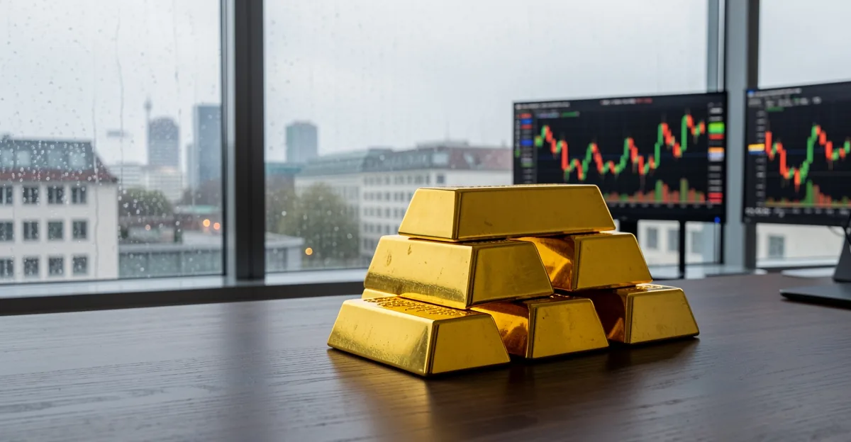 Gold bullion bars on a desk with blurred trading screens and a rainy city skyline