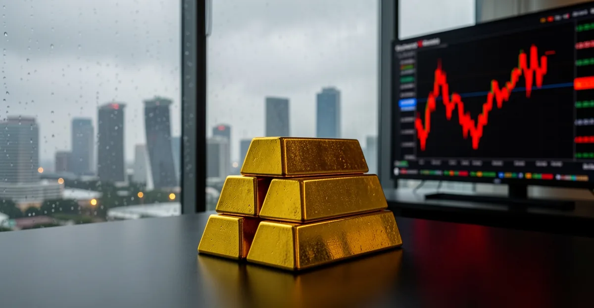 Gold bullion bars on a desk with a rainy Singapore skyline at dawn and red candlestick screens behin