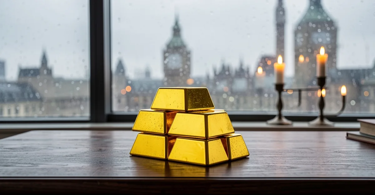 Gold bullion bars on a desk with a London skyline and blurred trading screens behind