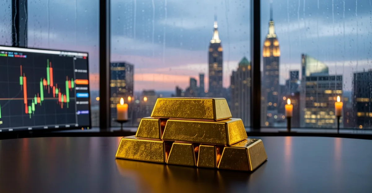 Gold bullion bars on a desk with a New York skyline at dusk
