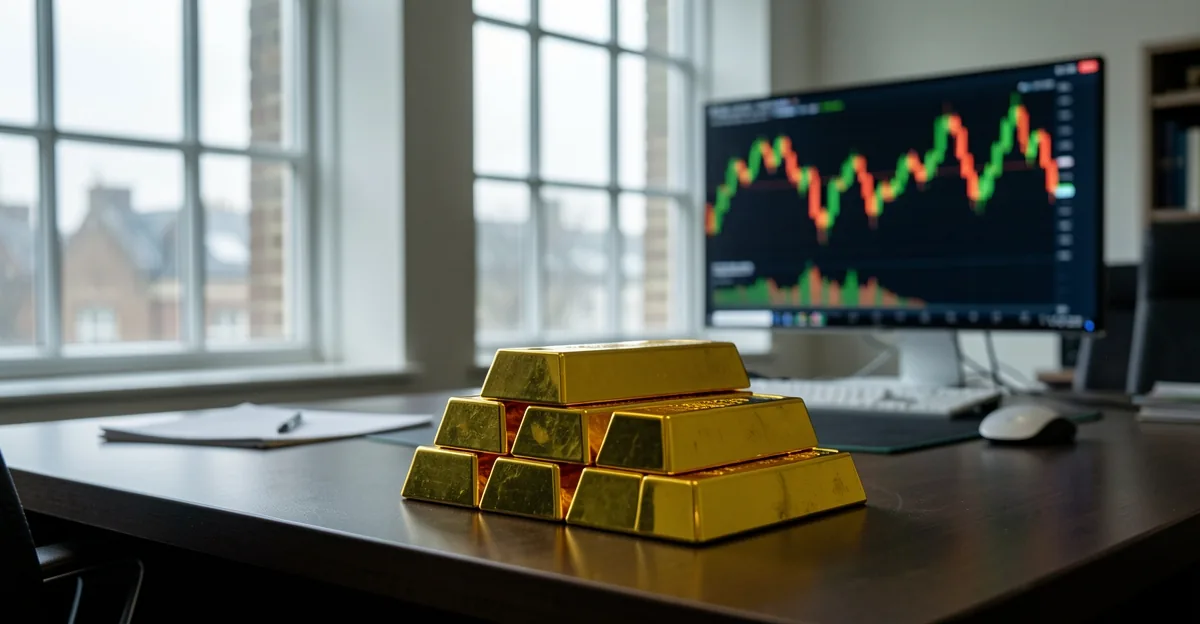Gold bullion bars on a London trading desk under overcast light with a blurred candlestick screen be