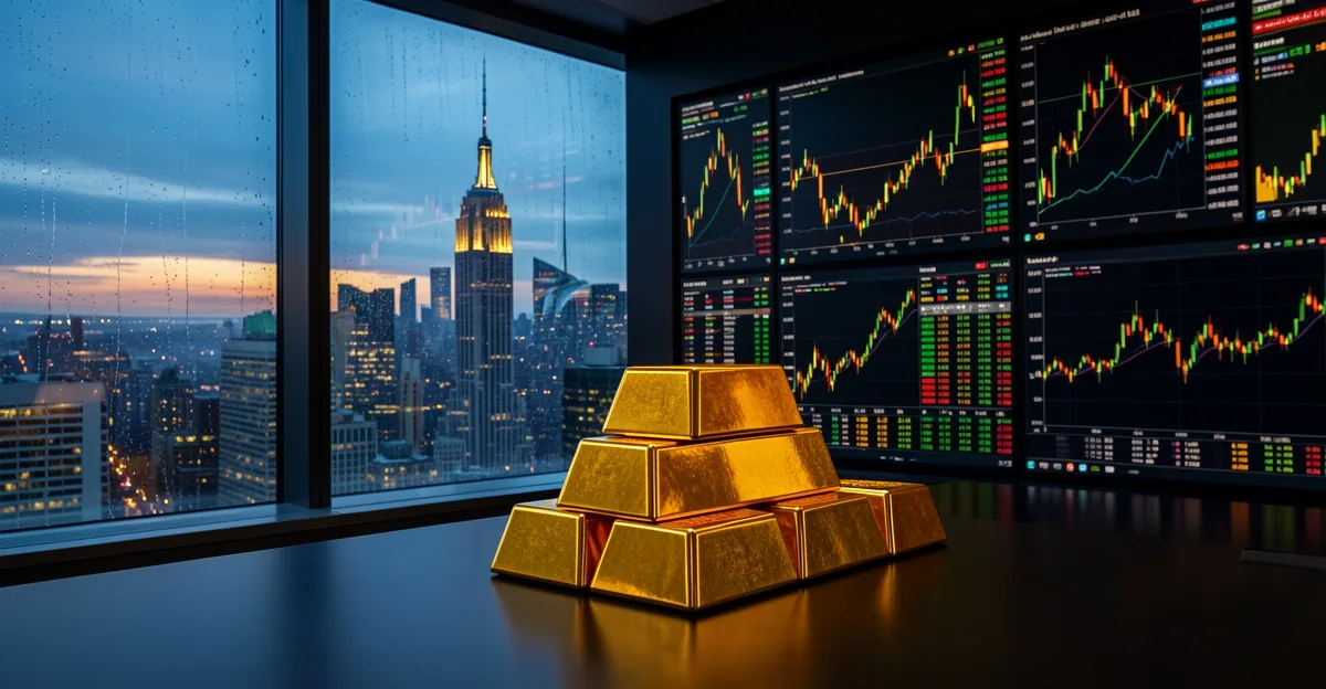 Gold bullion bars on a desk with candlestick charts glowing on screens behind