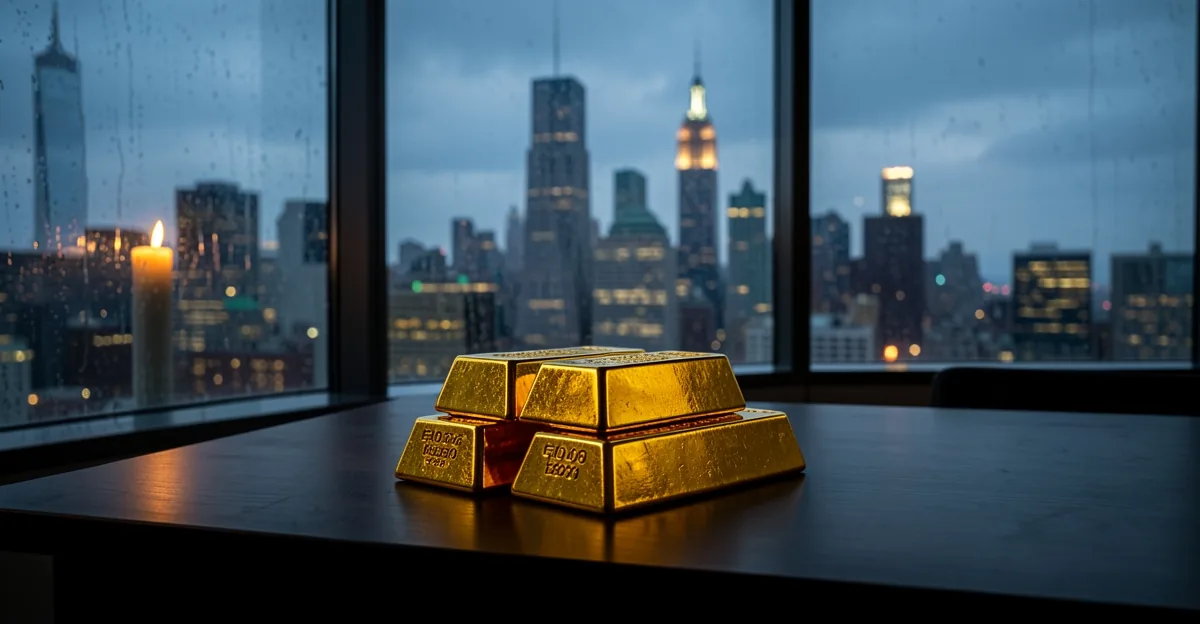Gold bullion bars on a desk with a rainy New York skyline at dusk
