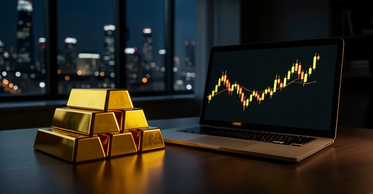 Gold bullion bars on a desk next to a laptop with a candlestick chart
