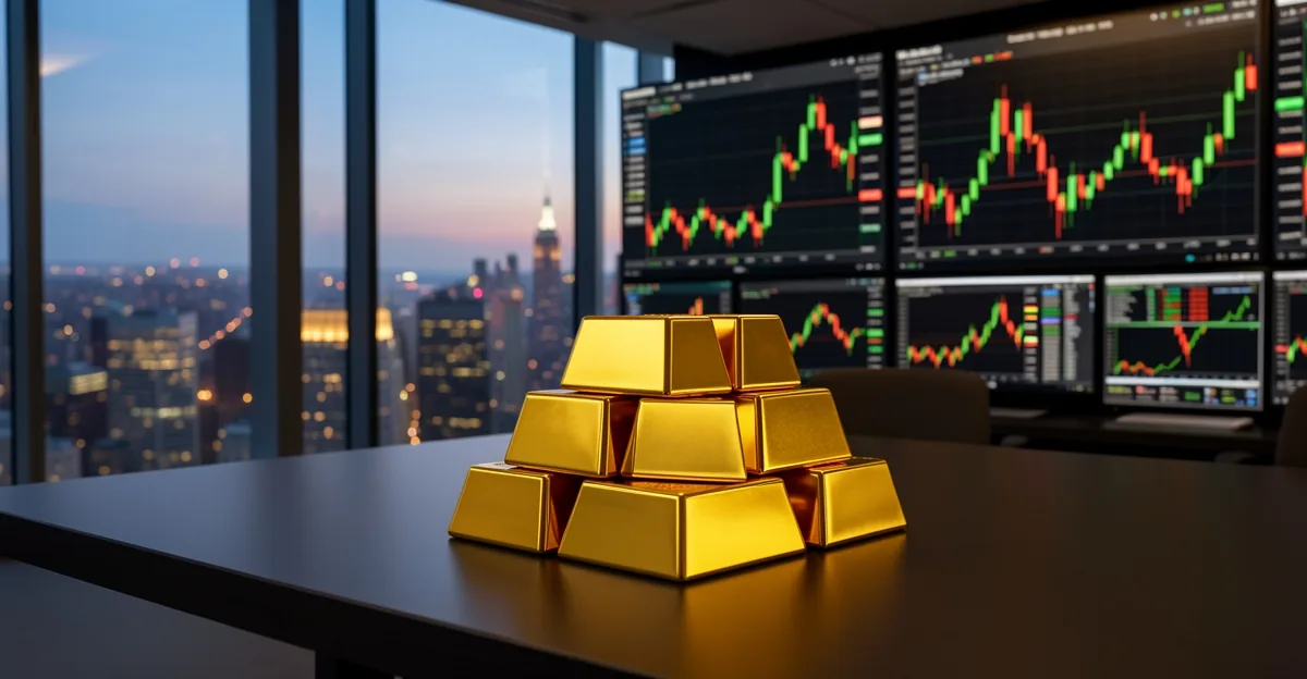 Gold bullion bars on a desk with candlestick charts glowing on screens behind