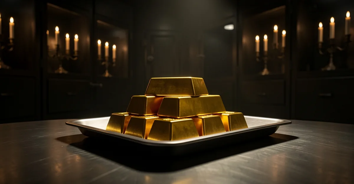 Gold bullion bars on a steel tray in a dim vault lit by a single lamp, trading screens blurred behin