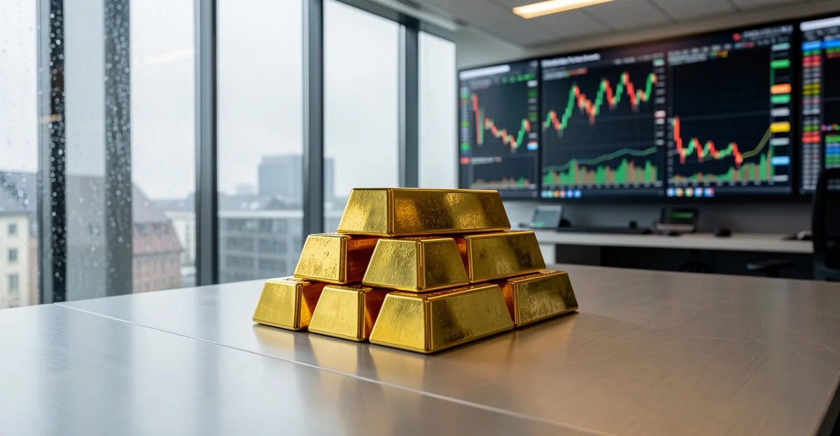 Gold bullion bars on a bank dealing desk with blurred trading screens behind