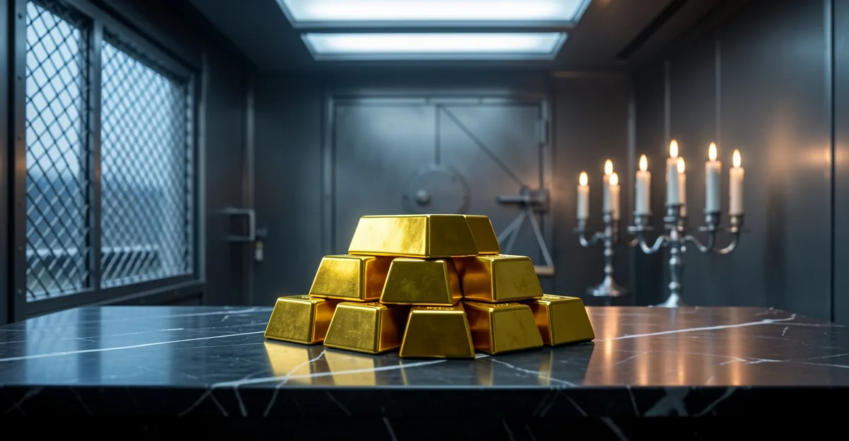 Gold bullion bars stacked on a dark marble desk inside a private bank vault with blurred trading scr