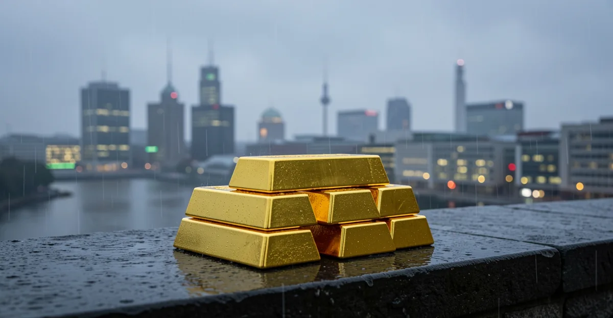 Gold bullion bars on a stone ledge with a grey Frankfurt skyline behind them at dawn