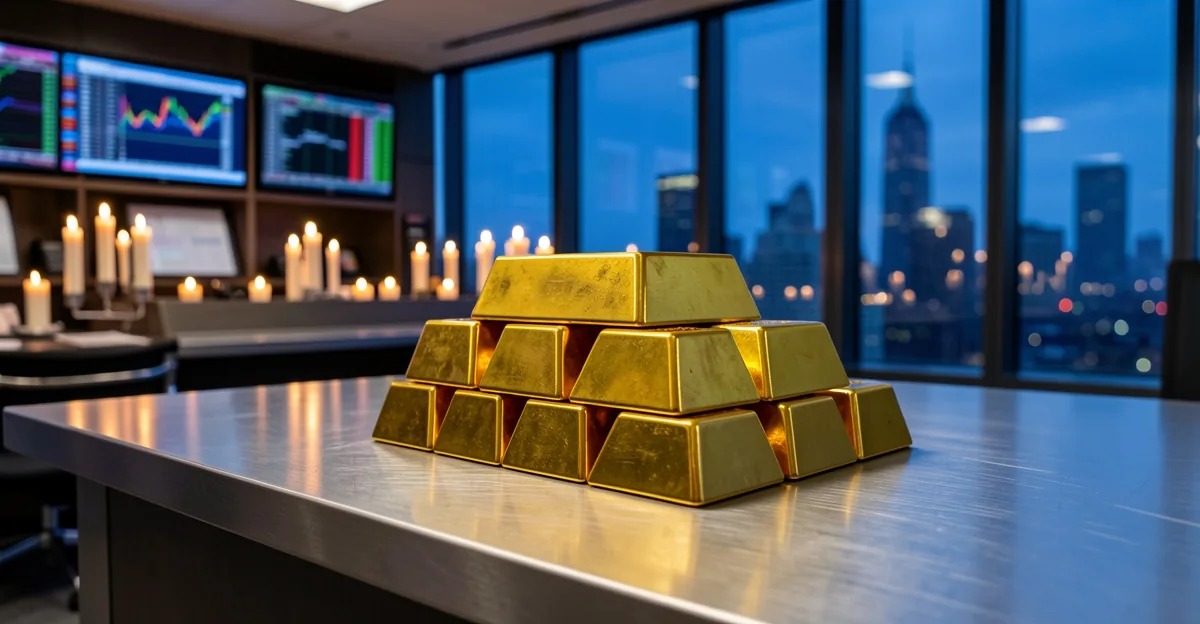 Gold bullion bars on a trading desk at dusk with blurred candlestick screens and a city skyline behi