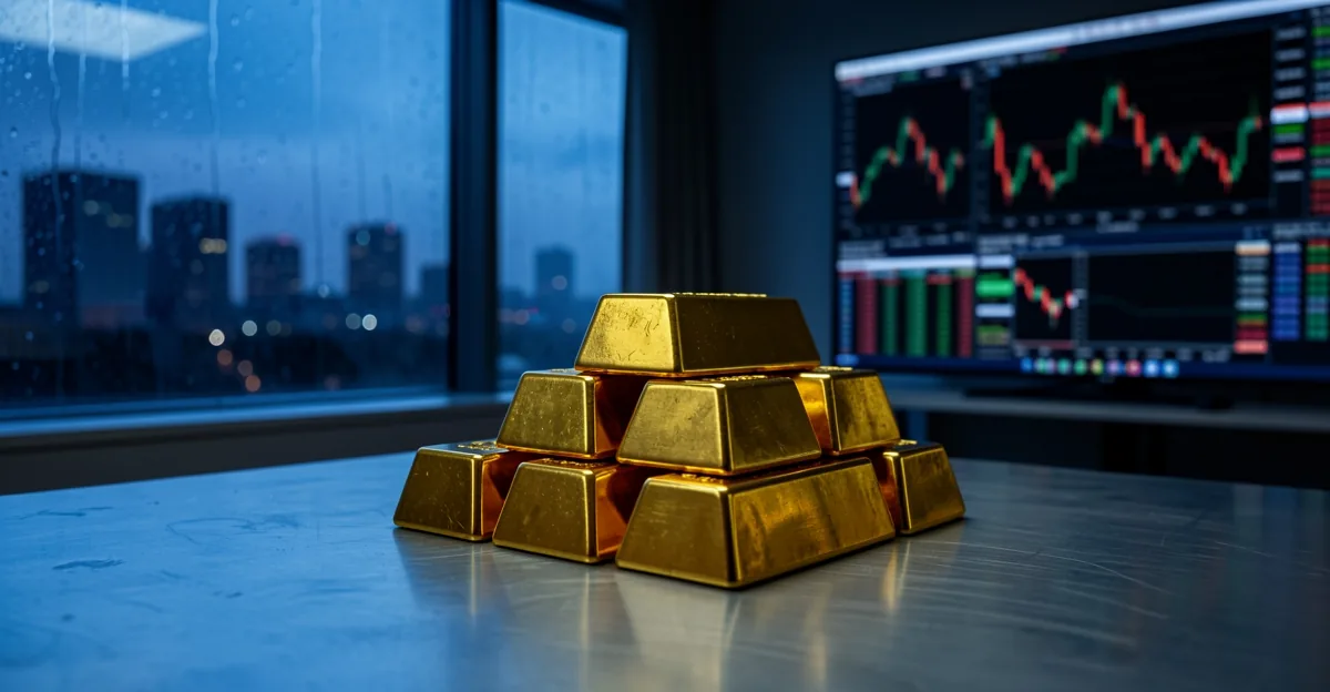 Gold bullion bars on a steel desk before a rain-streaked window at dawn with blurred trading screens