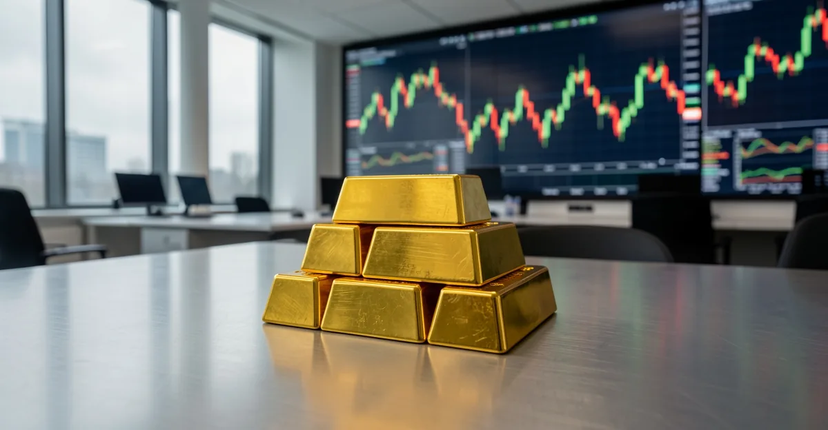 Gold bullion bars on a dealing desk with blurred candlestick screens behind them
