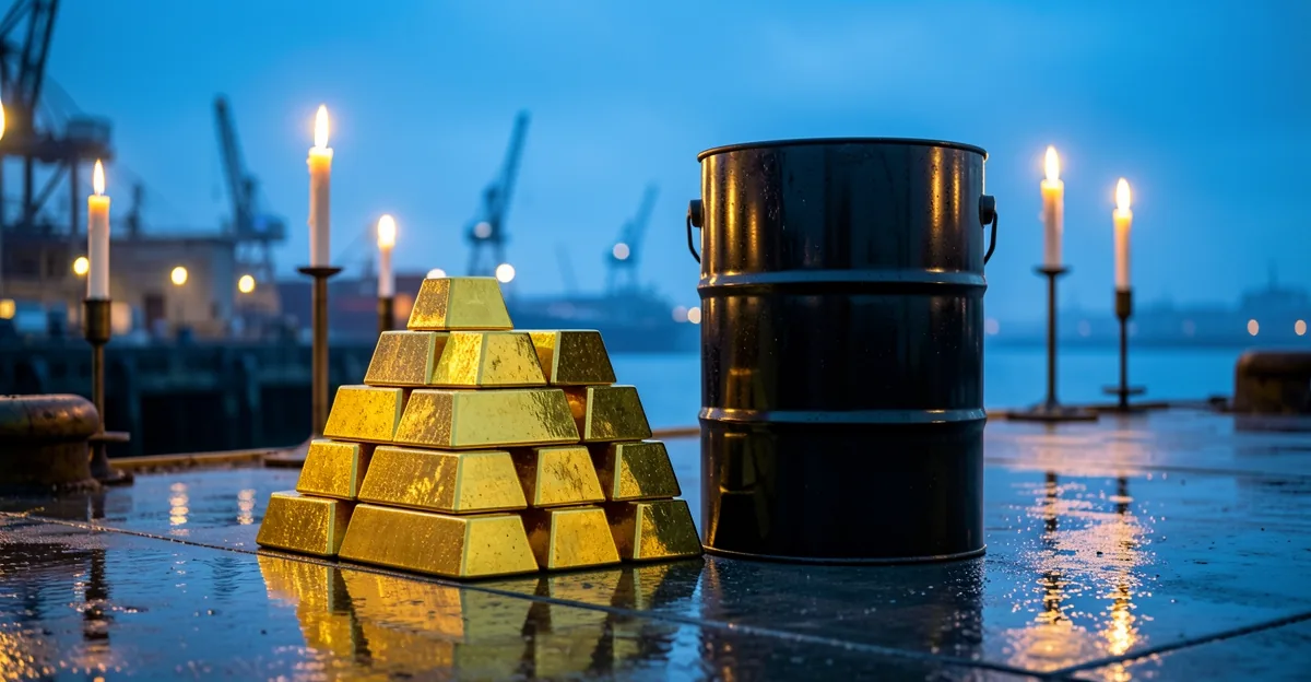 Gold bullion bars beside an oil drum on a wet industrial dock at dawn