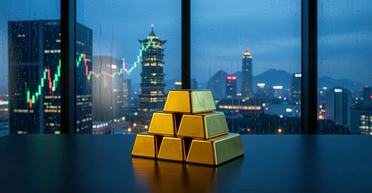 Gold bullion bars on a dark desk with blurred candlestick charts behind, lit by cold pre-dawn light