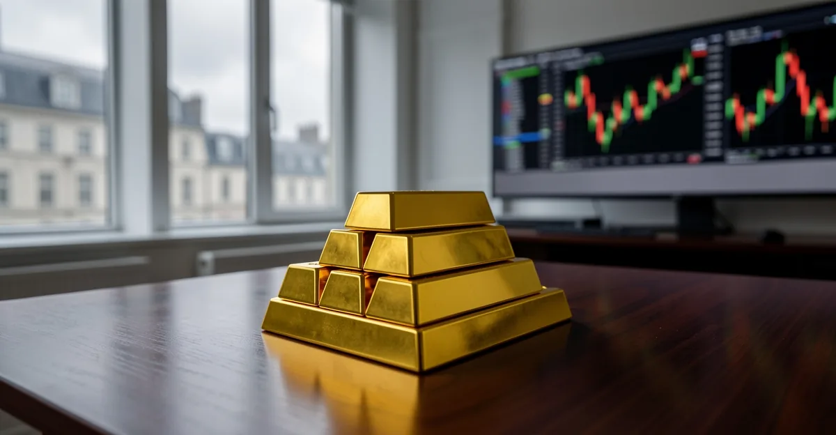 Gold bullion bars on a London trading desk with blurred candlestick charts behind them