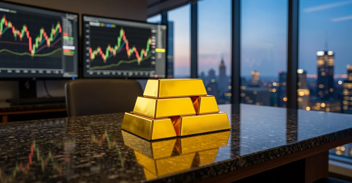 Gold bullion bars on a dark desk with blurred trading screens and Manhattan skyline at dusk