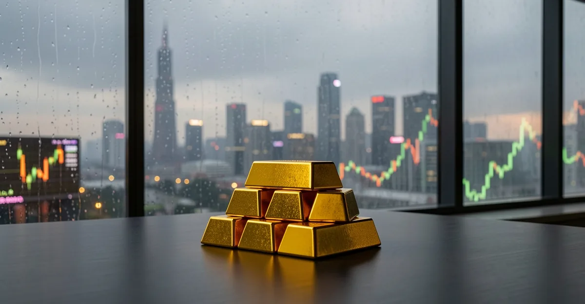 Gold bullion bars on a desk with blurred candlestick charts behind, lit by dawn light over a city sk