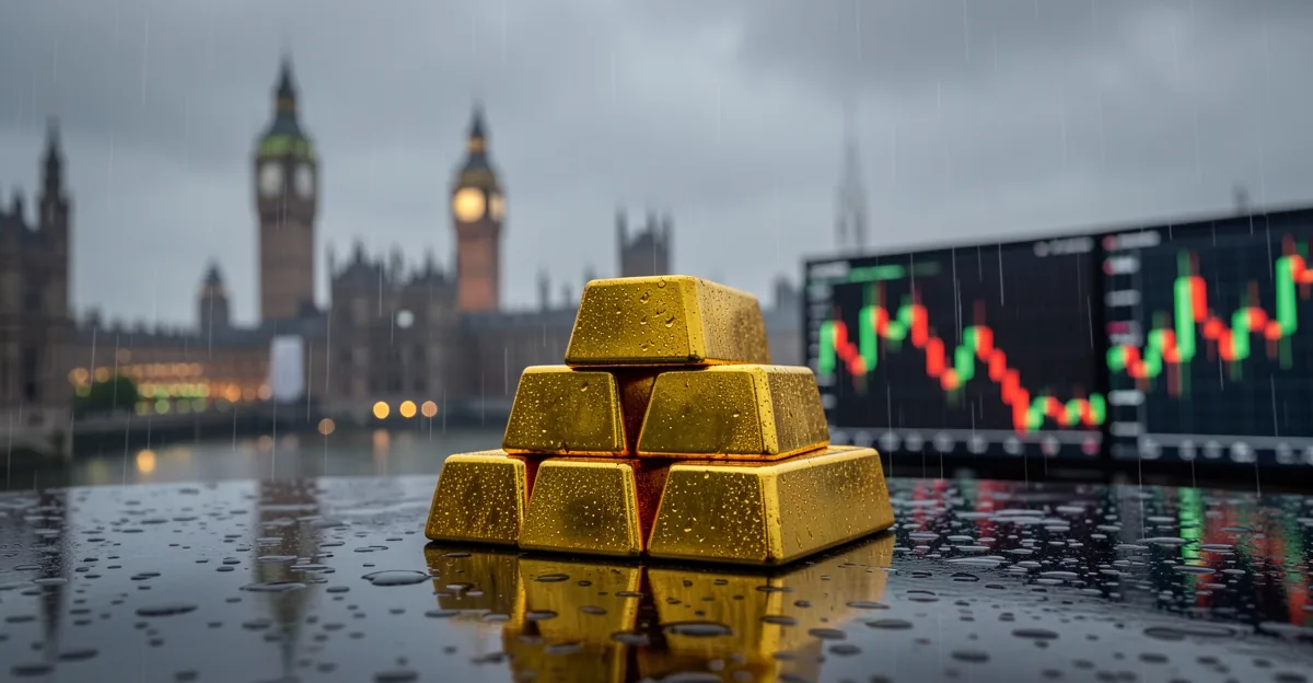 Gold bullion bars on a desk with blurred candlestick charts and a grey London skyline behind