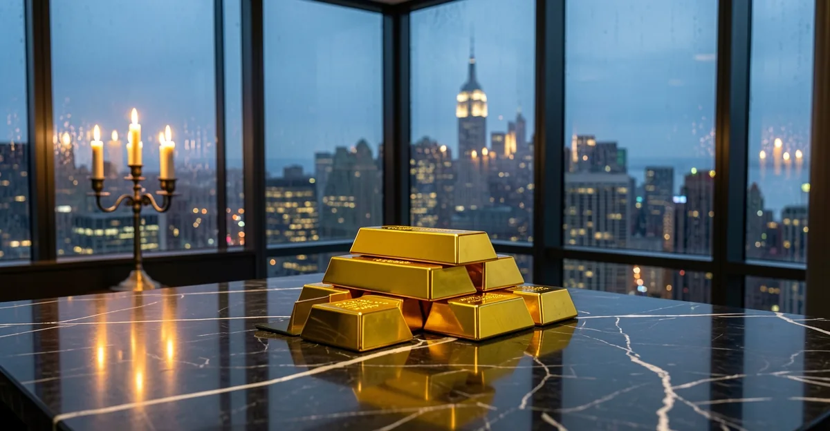 Gold bullion bars on a dark desk with blurred candlestick charts and a rain-streaked New York skylin