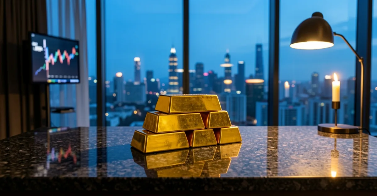 Gold bullion bars on a dark desk before a pre-dawn city skyline with blurred trading screens behind