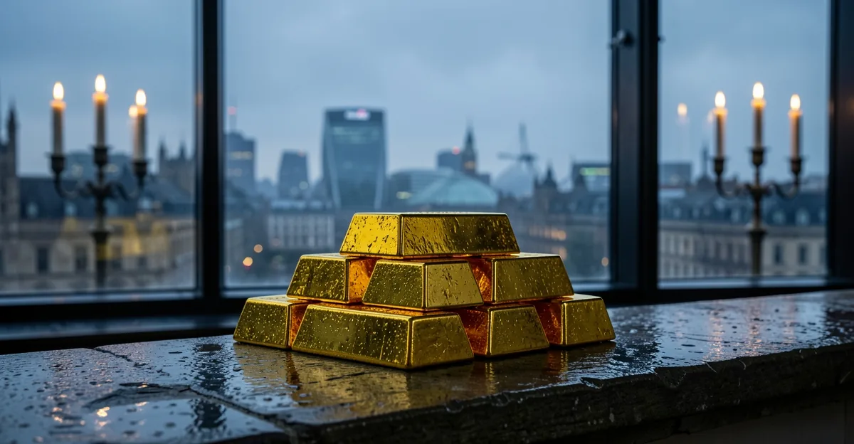 Gold bullion bars on a stone ledge before a grey London skyline at dawn