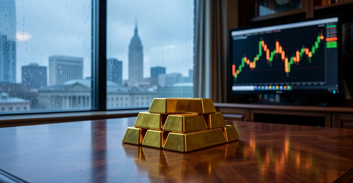 Gold bullion bars on a desk before a rain-streaked window overlooking a grey city skyline at dawn