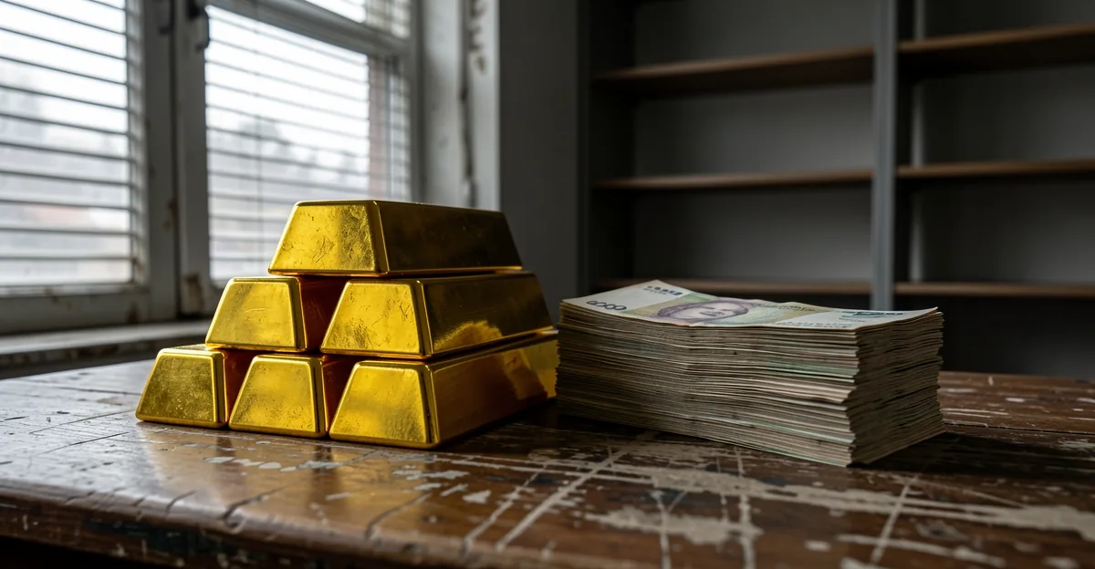 Gold bullion bars stacked beside a bundle of devalued paper banknotes on a wooden counter