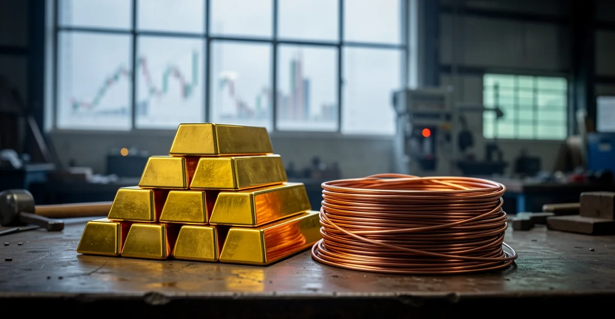Gold bullion bars next to coiled copper wire and a copper ingot on a workshop bench