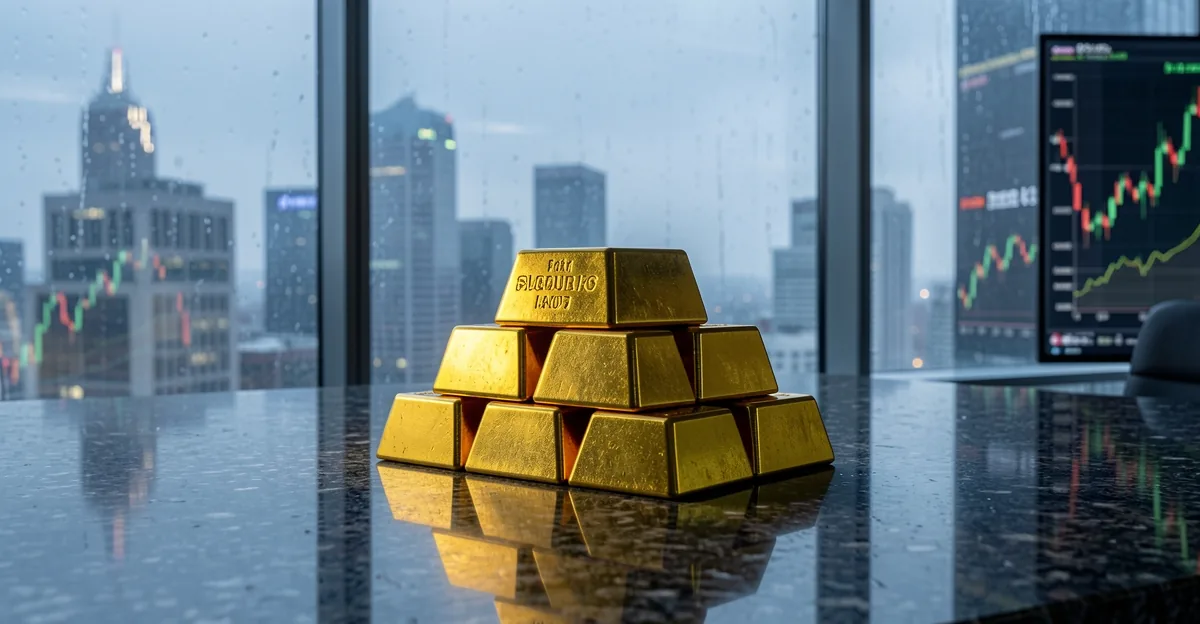 Gold bullion bars on a dark desk before a rain-streaked window overlooking a grey city skyline at da