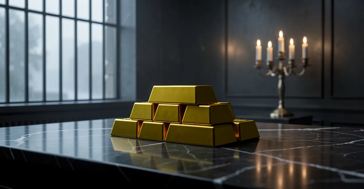 Gold bullion bars stacked on a dark marble desk in a bank vault with blurred trading screens behind