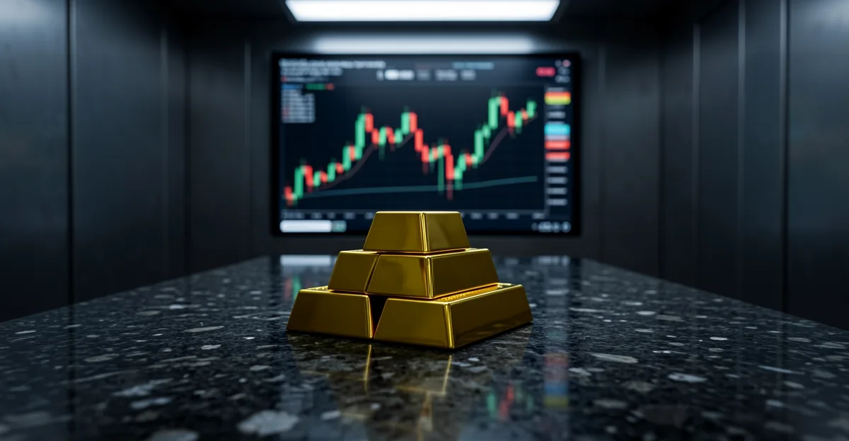 Gold bullion bars stacked in a bank vault with blurred candlestick charts glowing on a monitor behin