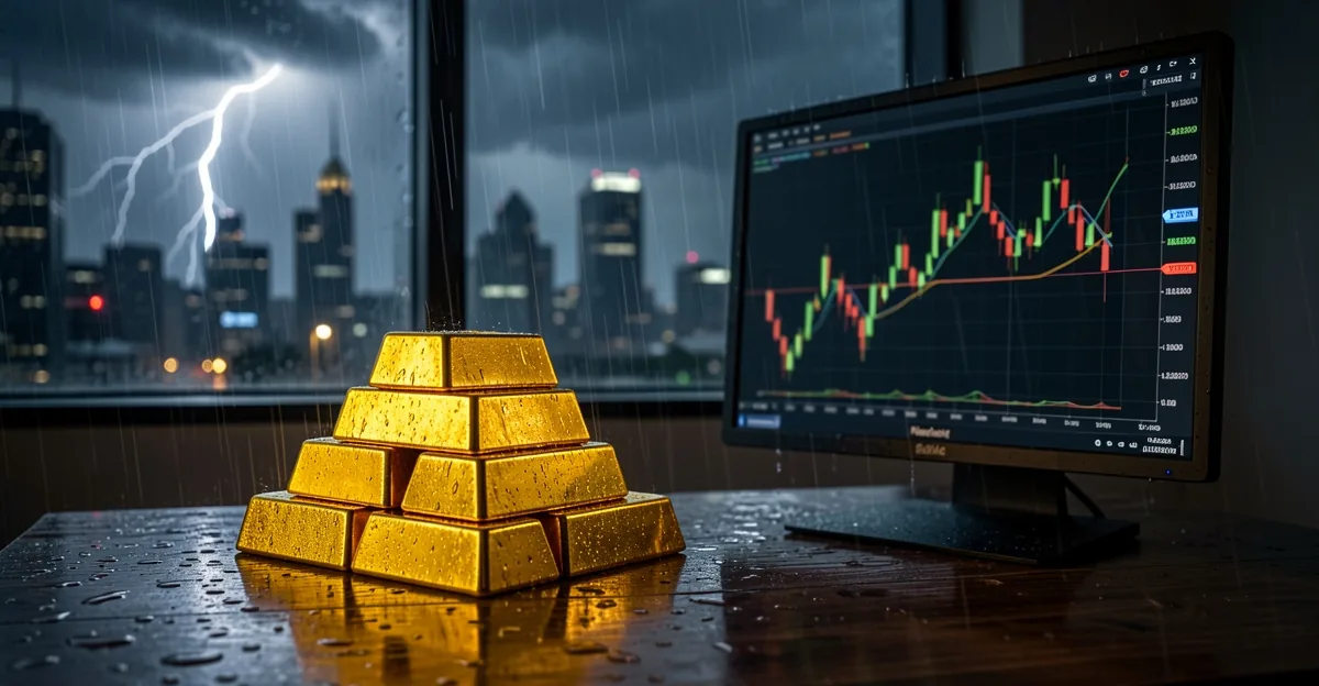Gold bullion bars on a storm-lit trading desk with blurred candlestick charts on a monitor